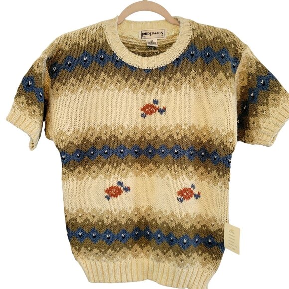 Vintage Deadstock Lord Isaacs Fish Pattern Short Sleeve Sweater M Beige Blue - Picture 1 of 7
